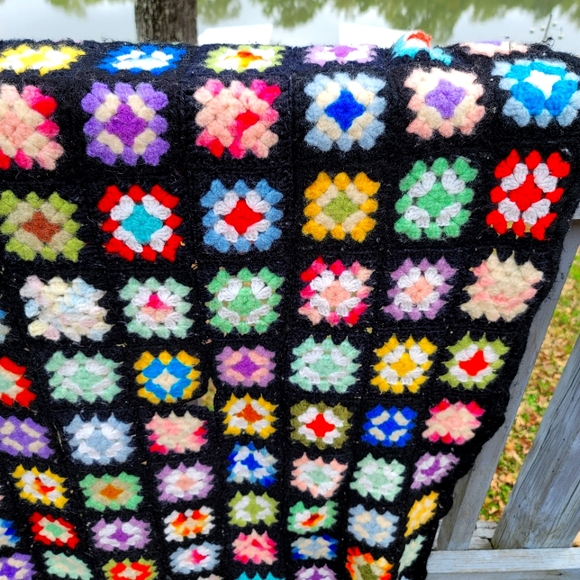 Vintage Gorgeous Crochet Afghan black multi-color